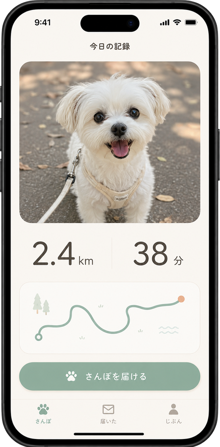 自分の散歩記録の画面。2.4km、38分。